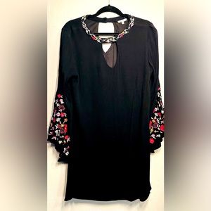 JODIFL Mini Dress - Embroidered Collar and Bell Long Sleeve - Black - L